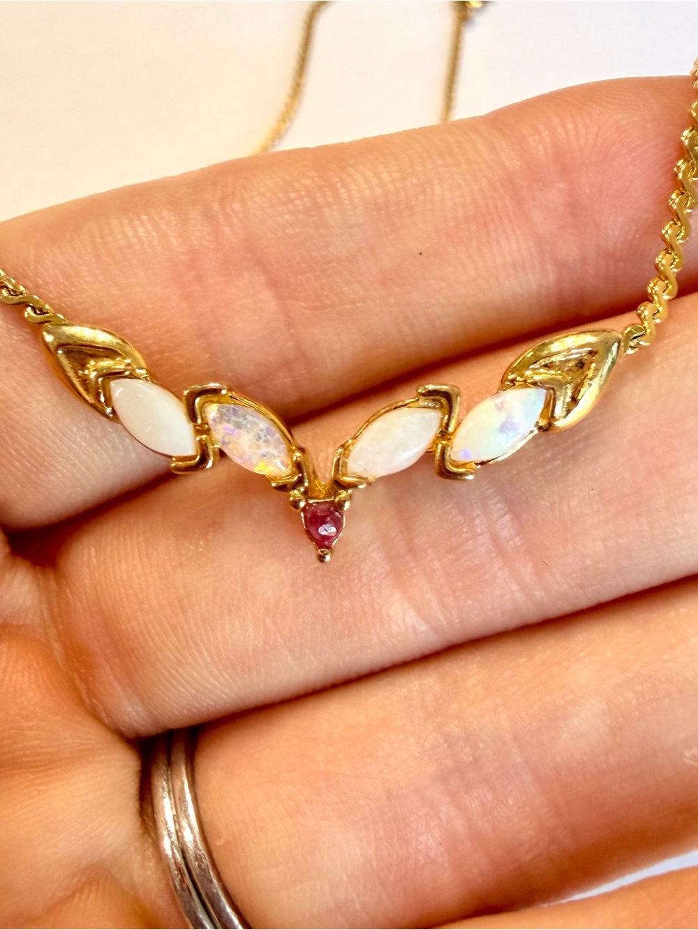 Vintage 1980s Dainty Gold Opal Marquise Necklace with Pink Accent Faux Ruby